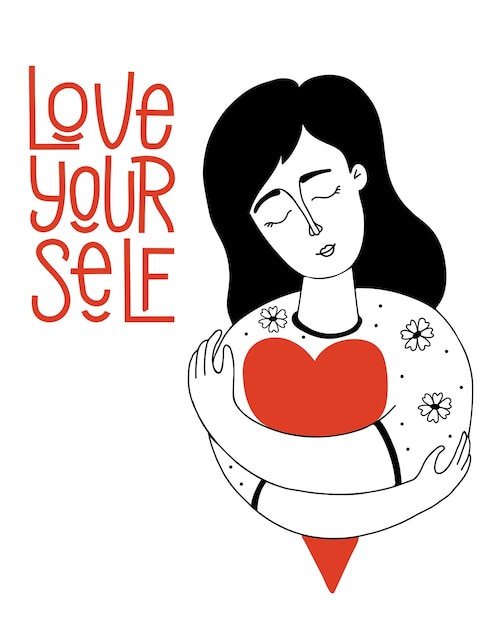 Vector love yourself cute girl with big red heart hugs herself vector doodle concept of selflove care