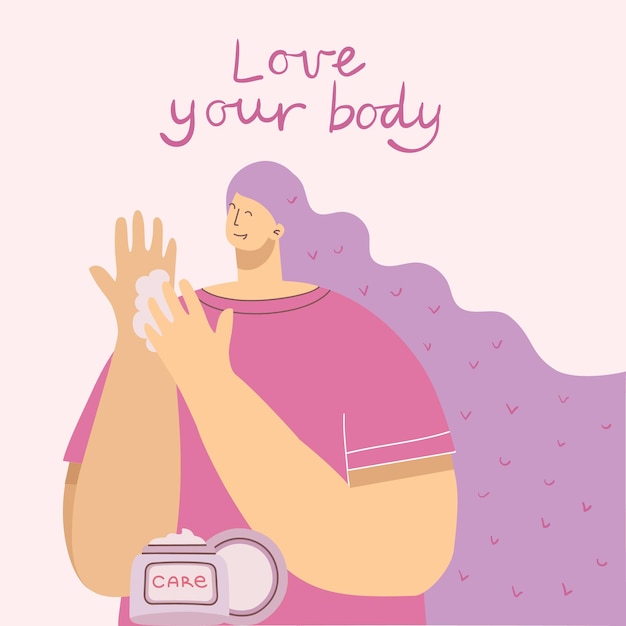 Love yourself, love your body woman background. Vector lifestyle concept card with text don t forget to love yourself in the flat style