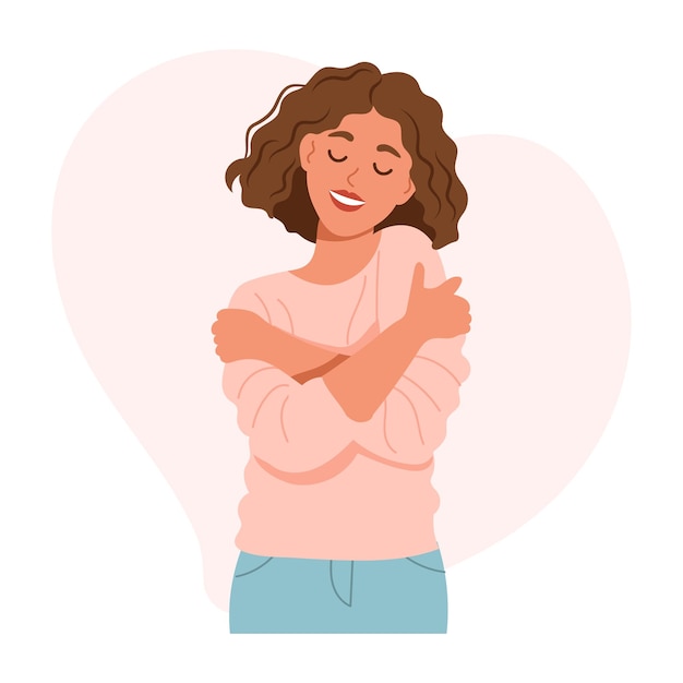 Love yourself. Nice woman hugging herself. Love your body concept. Find time for yourself. Vector il