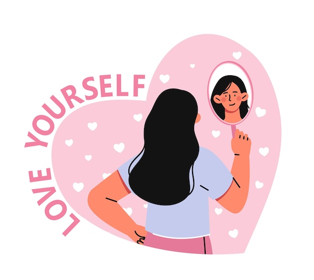 Vector love yourself poster woman look at her reflection in mirror self acceptance and love mental health