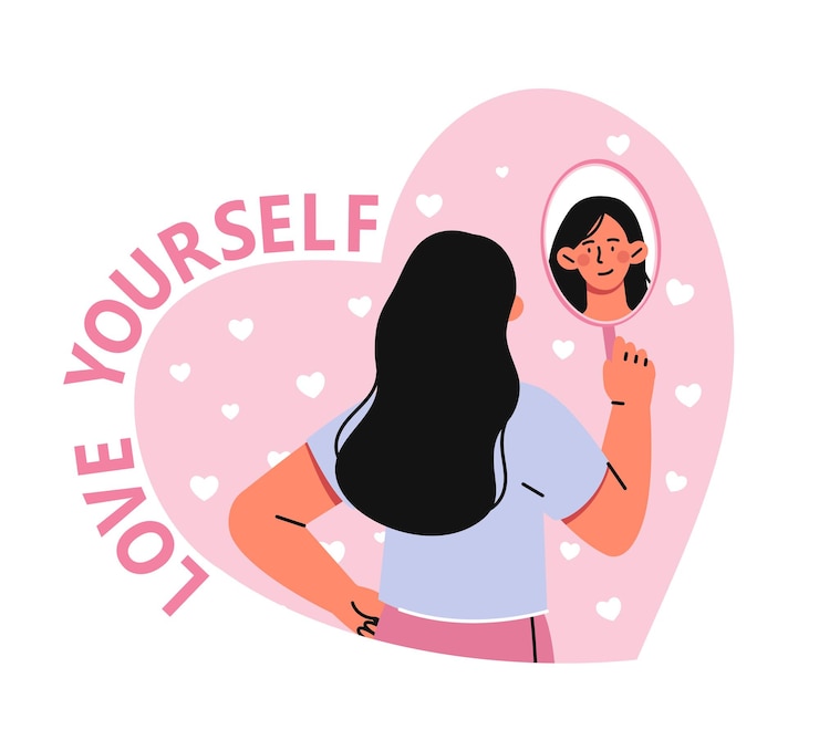 Vector love yourself poster woman look at her reflection in mirror self acceptance and love mental health
