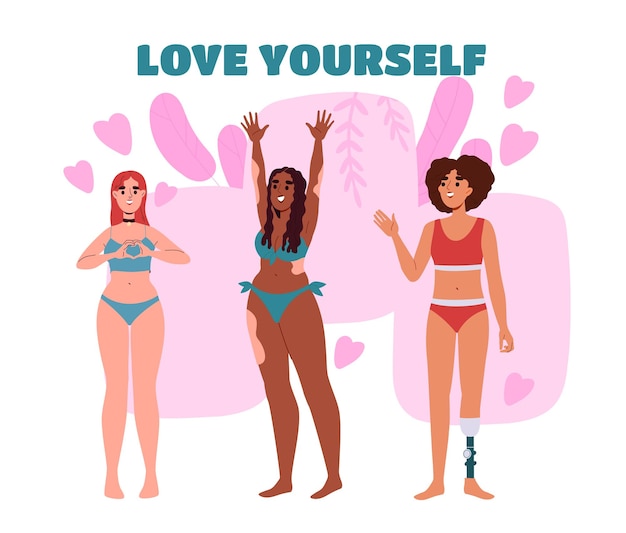 Vector love yourself set young girls in swimsuits self acceptance andd love beauty elegance and aesthetics