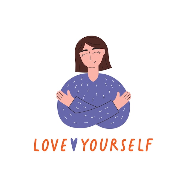 Vector love yourself woman hugging herself on white background