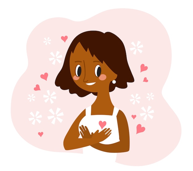 Vector love yourself. young african american woman hugging herself. cartoon illustration.