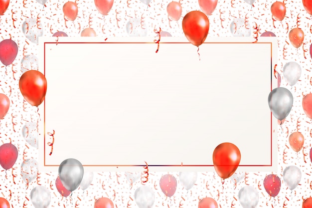 Lovely background with bright red serpentine, confetti and balloons on white