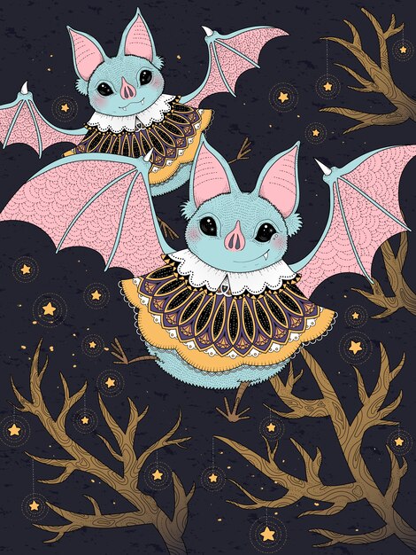 Vector lovely bat flying through starry night