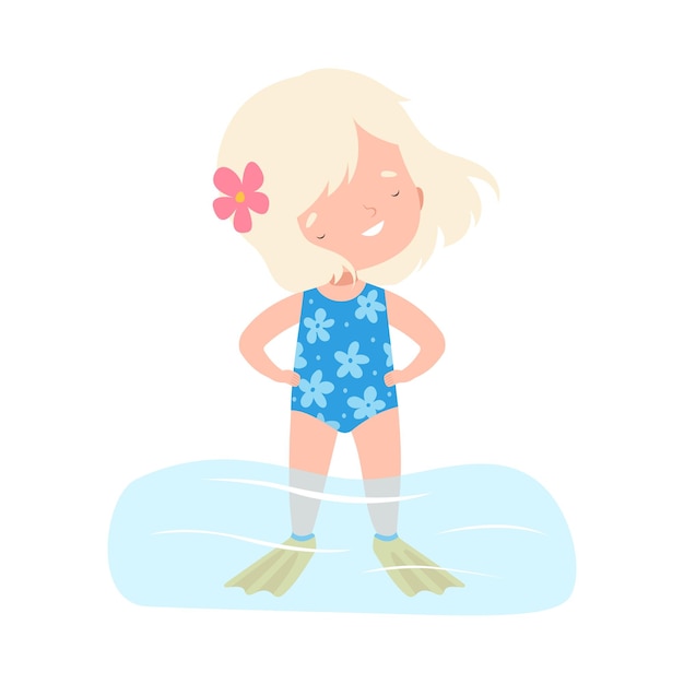 Vector lovely blonde girl wearing blue swimsuit standing in water kids summer activities adorable child having fun on beach on holidays cartoon vector illustration