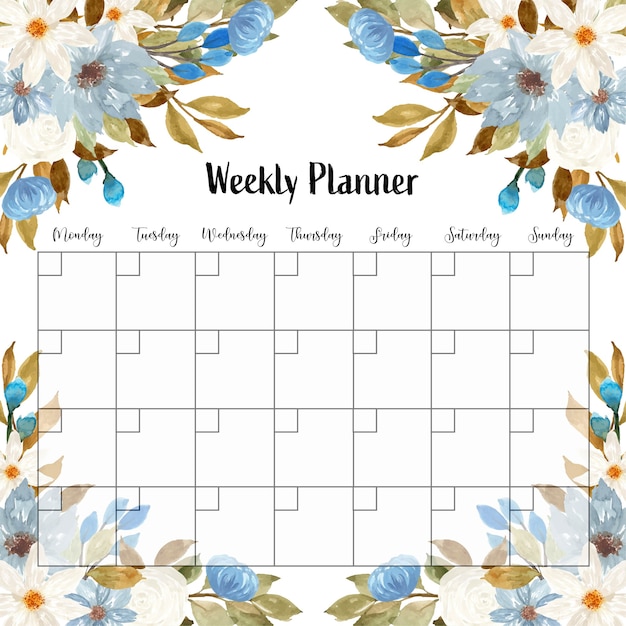 Vector lovely blue and white floral weekly planner