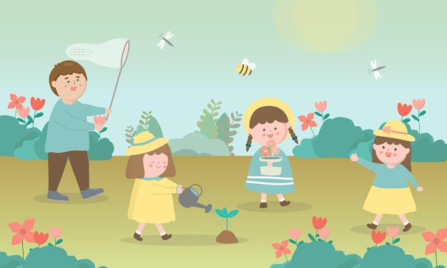 다양한 활동을 통해 공원에서 휴식을 취하는 사랑스러운 소년과 소녀는 그래픽 디자이너 벡터 일러스트레이션을 위해 만화 캐릭터로 꽃과 함께 순수한 물을 주는 식물을 사용합니다.