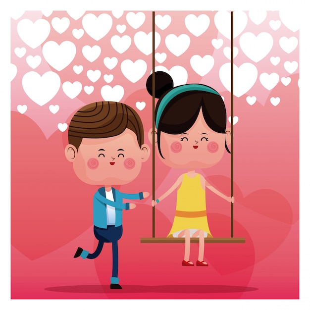 Lovely boy pushing girl swing happy heart background