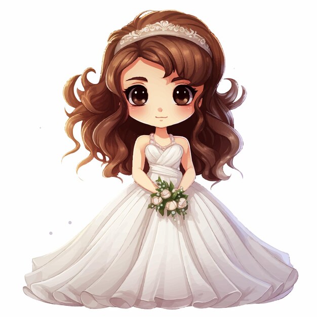 The lovely bride in a white wedding gown depicted with watercolor painting