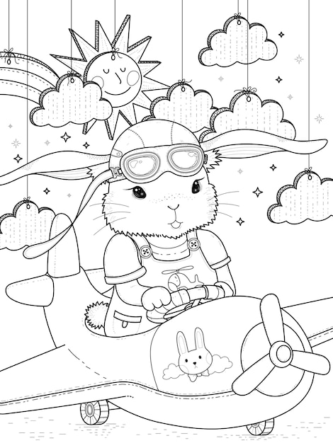 Vector lovely bunny pilot coloring page with clouds and sun