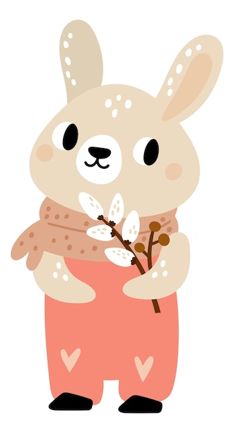 Lovely bunny with blossom branch Cute baby rabbit