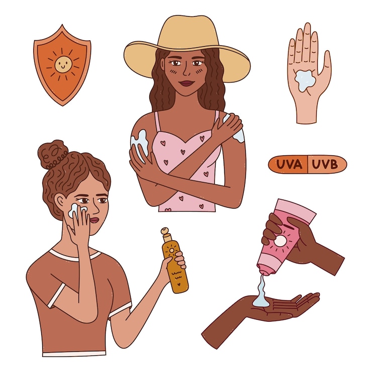 Vector lovely cartoon doodle set with women applying spf cosmetic hands squeezing sunscreen