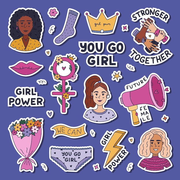 Lovely cartoon doodle sticker set for feminism movement women rights equality female solidarity
