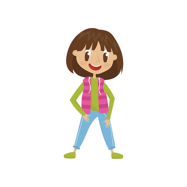 Lovely cartoon girl character in fashionable clothes vector Illustration on a white background