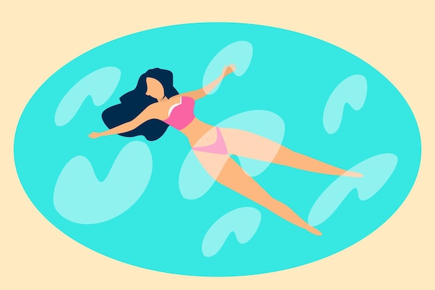 Vector lovely cartoon girl in a pink swimsuit swims in the pool flat vector illustration