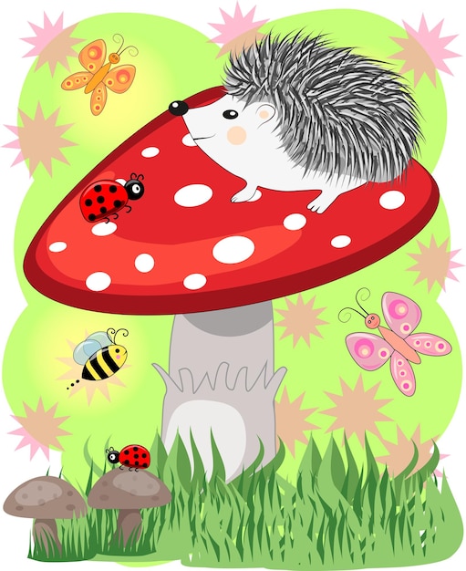 Lovely Cartoon hedgehog sits on a fly agaric mushroom baby