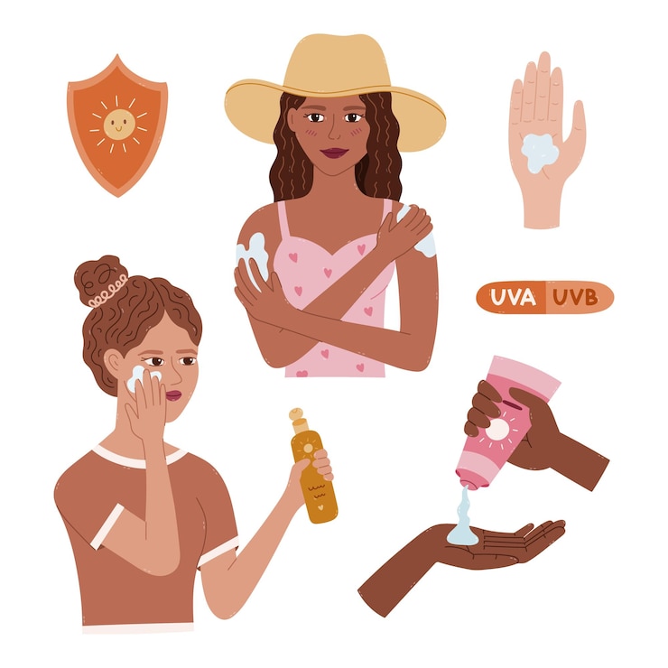 Vector lovely cartoon set with women applying spf cosmetic hands squeezing sunscreen