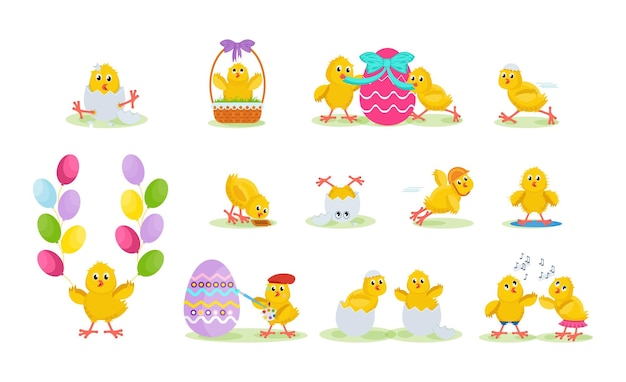 Vector lovely chickens have fun celebrate indulge in easter run fly