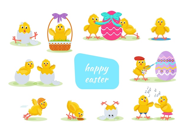 Vector lovely chickens have fun celebrate indulge in easter run fly