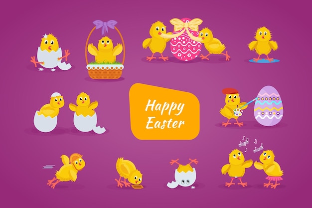 Vector lovely chickens have fun celebrate indulge in easter run fly