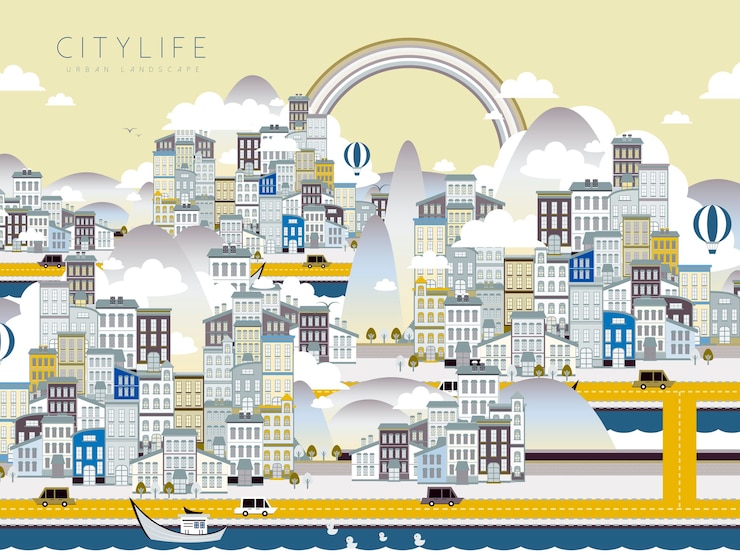 Vector フラットスタイルの素敵な都市生活の風景