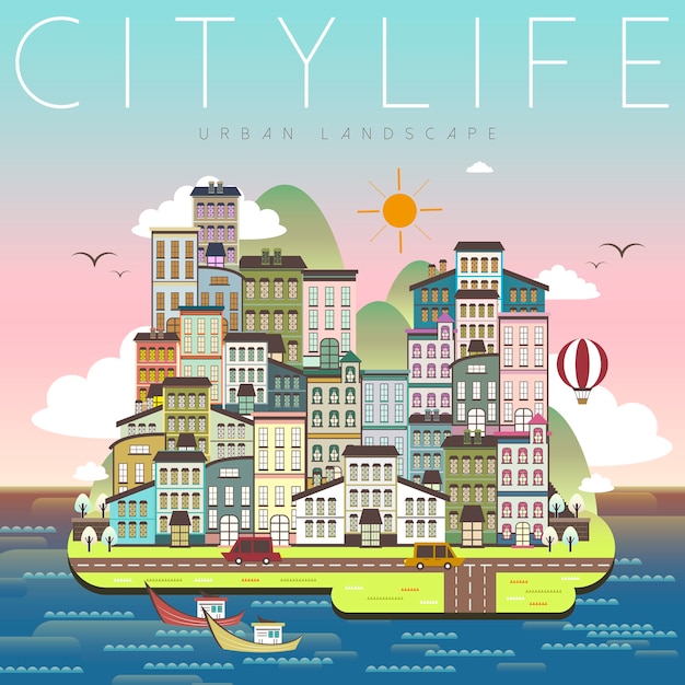 Vector lovely city life scenery in flat design