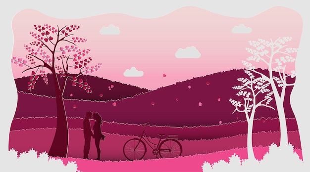 Lovely couple design in soft pink background with bicyclepaper art style