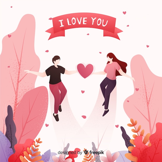 Lovely couple in a forest with hearts