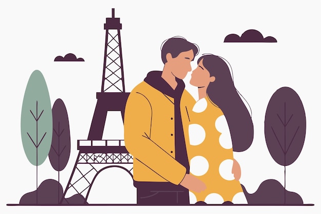 lovely couple in front of eiffel tower vector flat illustration