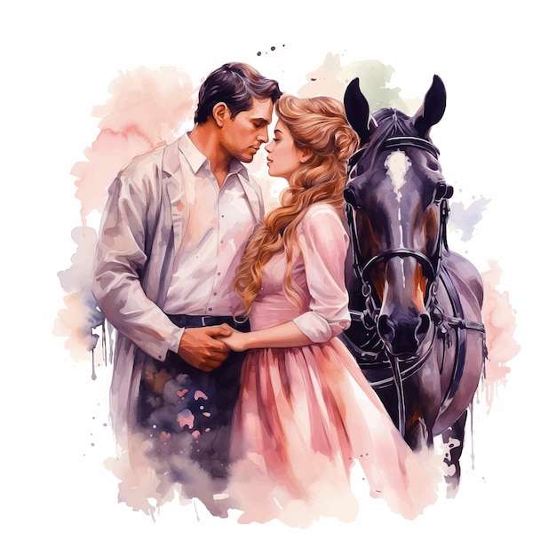 素敵なカップルと馬の水彩画