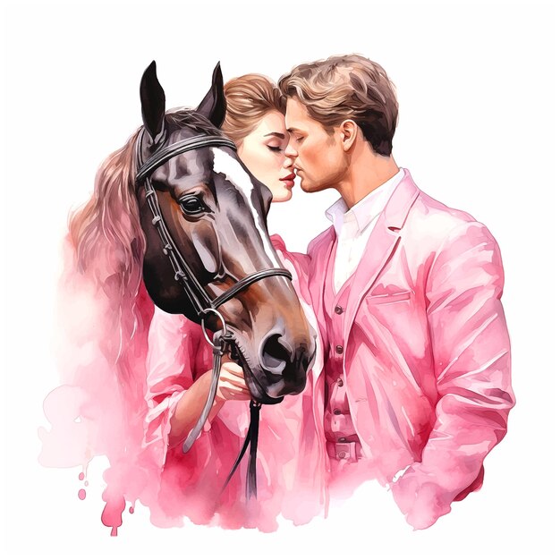 Lovely couple and horse watercolor paint