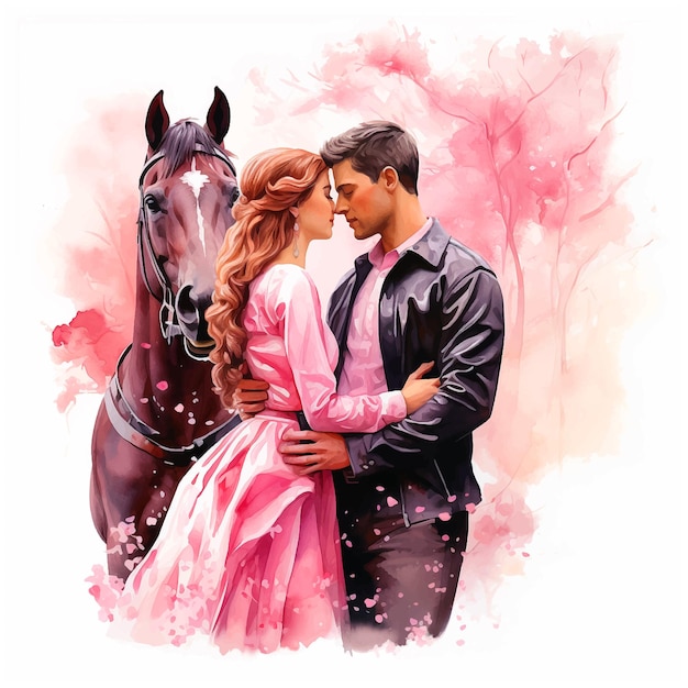 素敵なカップルと馬の水彩画