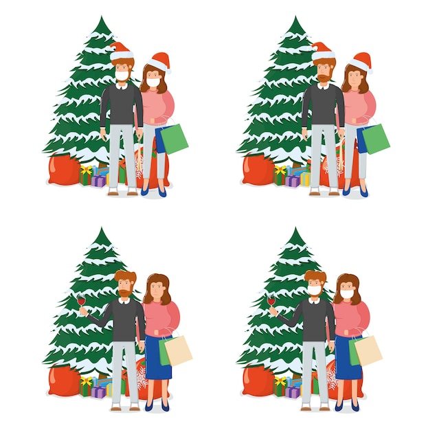 Lovely couple man woman character standing xmas fir tree with gift box, merry christmas souvenir bag cartoon, isolated on white. concept happy family new year holiday, cute person.