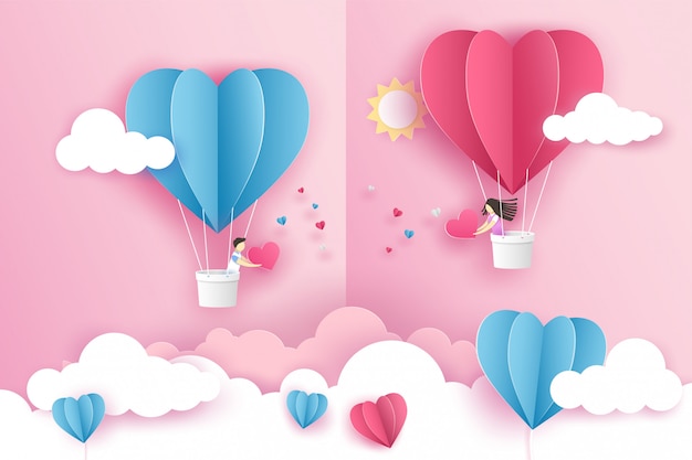 Lovely couple on origami pink balloon heart flying on the sky over the cloud in Valentine's day.