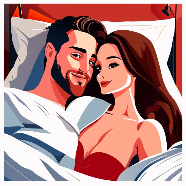 Vector lovely couple posing in bed