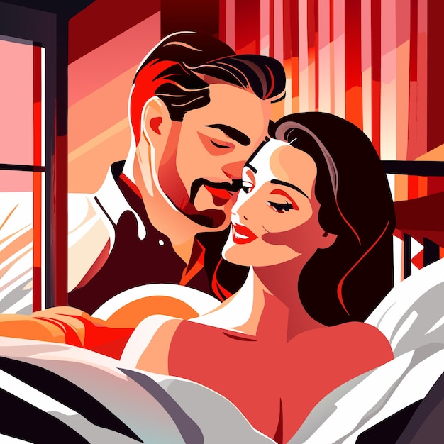 Vector lovely couple posing in bed