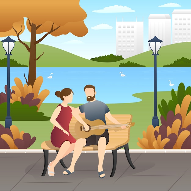 Vector lovely couple sitting on bench and playing guitar at park.