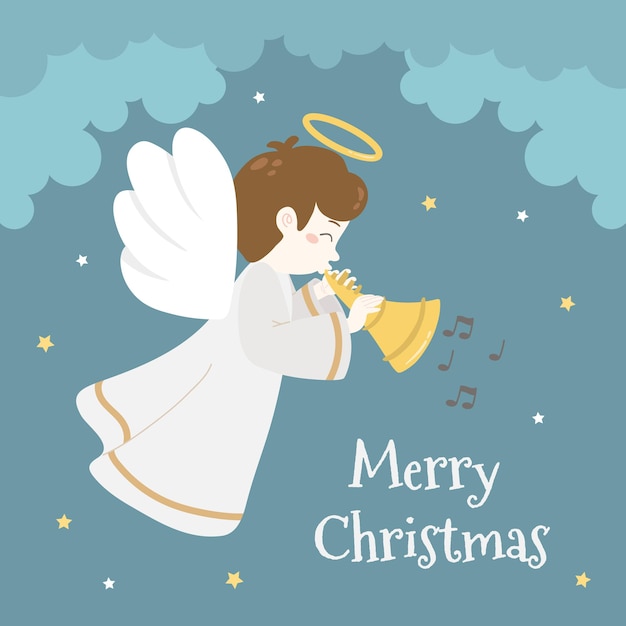 Vector lovely cute christmas angel in the sky with trumpet