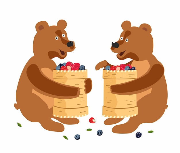 Lovely cute little bears sit in embrace with Russian national dishes made of birch bark full of wild berries