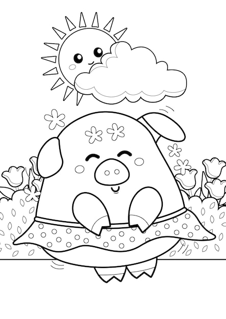 Lovely cute pig in a garden coloring page for kids and adult