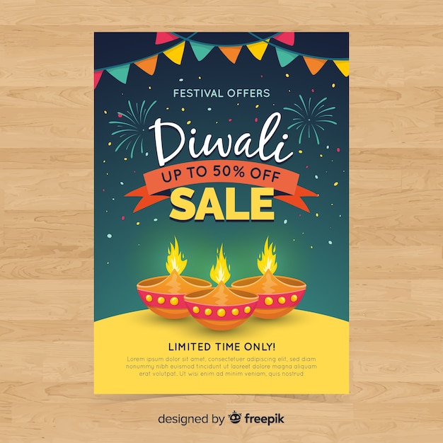 Lovely diwali sale flyer template with flat design