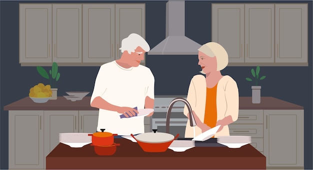 キッチンのインテリアで道具を洗う素敵な老夫婦。編集可能なベクトル図