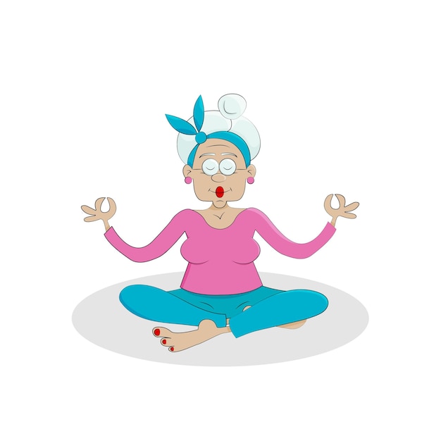 A lovely elderly retired female grandmother does yoga Lotus pose Active healthy lifestyle Cartoon