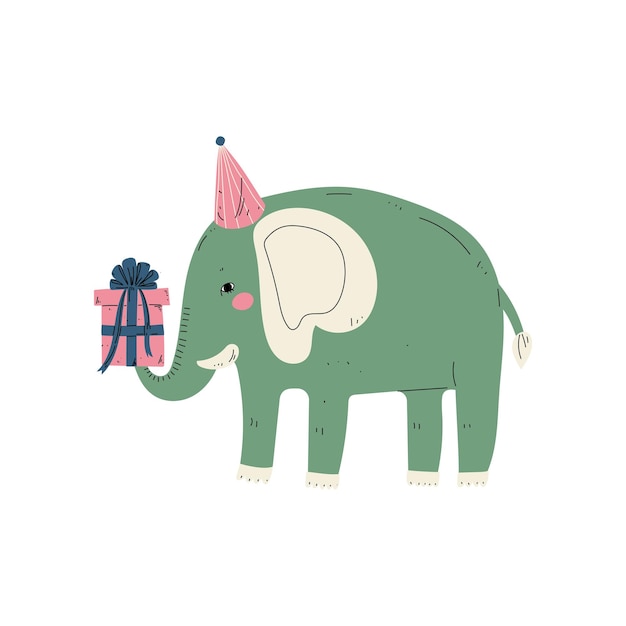 Vector lovely elephant wearing party hat with gift box cute animal character for happy birthday design vector illustration on white background