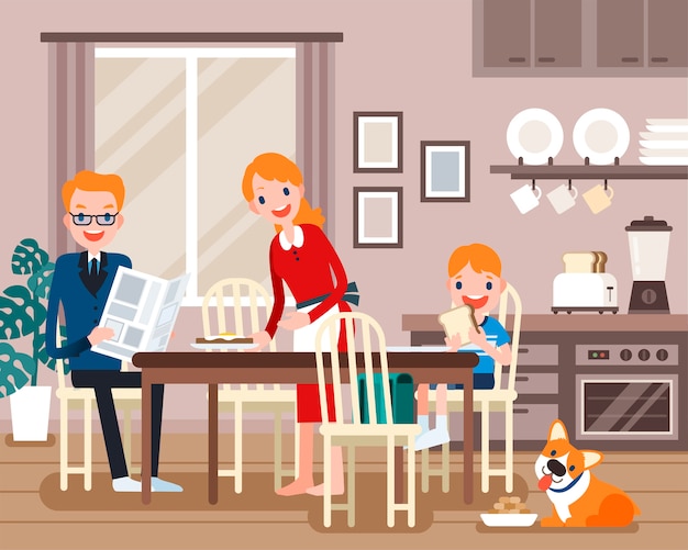 Vector lovely family characters, family having breakfast together in