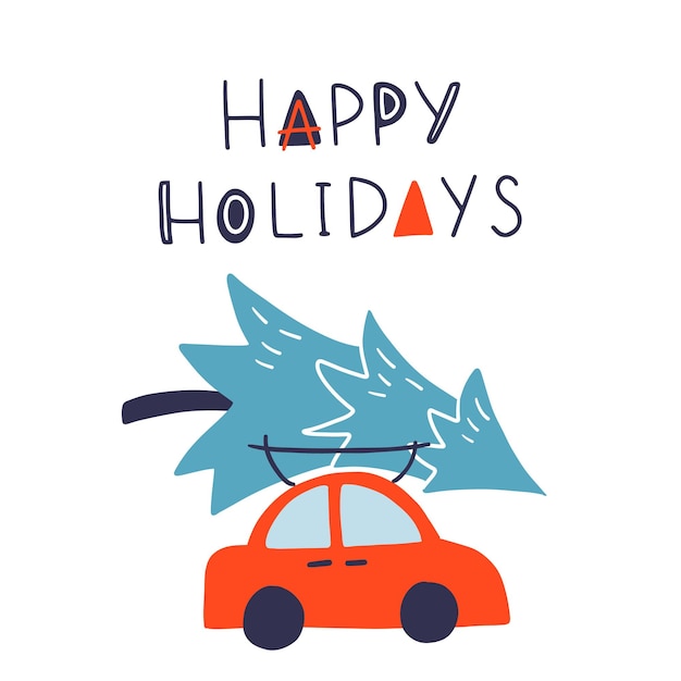 Lovely flat vector design in Christmas eve with little classic red car carrying Christmas tree on its rack Ideal for Christmas holidays cards posters banners and other graphic and web design