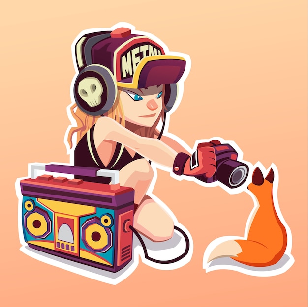 Lovely girl listening a music in headphones. Art illustration. The Girl and the Fox. Sticker.