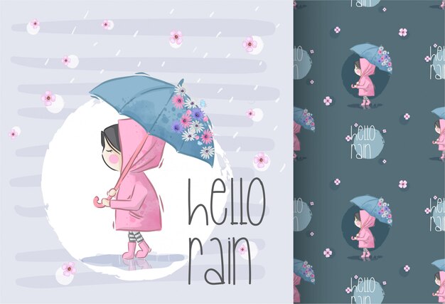 Lovely girl on the rain with flower seamless pattern